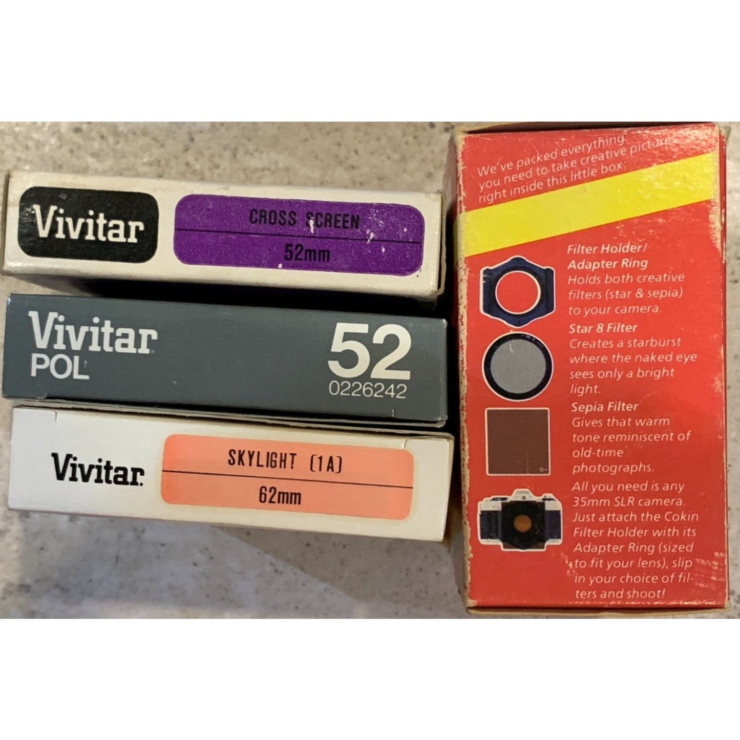 Lot of 4 Vivitar Filters (52mm Cross screen, Polarizing, 8 star) 62mm skyline)