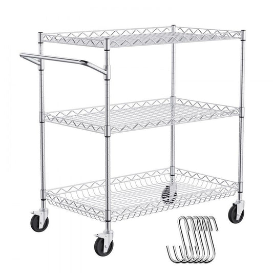 VEVOR 3-Tier Utility Cart Rolling Cart on Wheels 30"x18"x32.4" w/ 6 Hooks