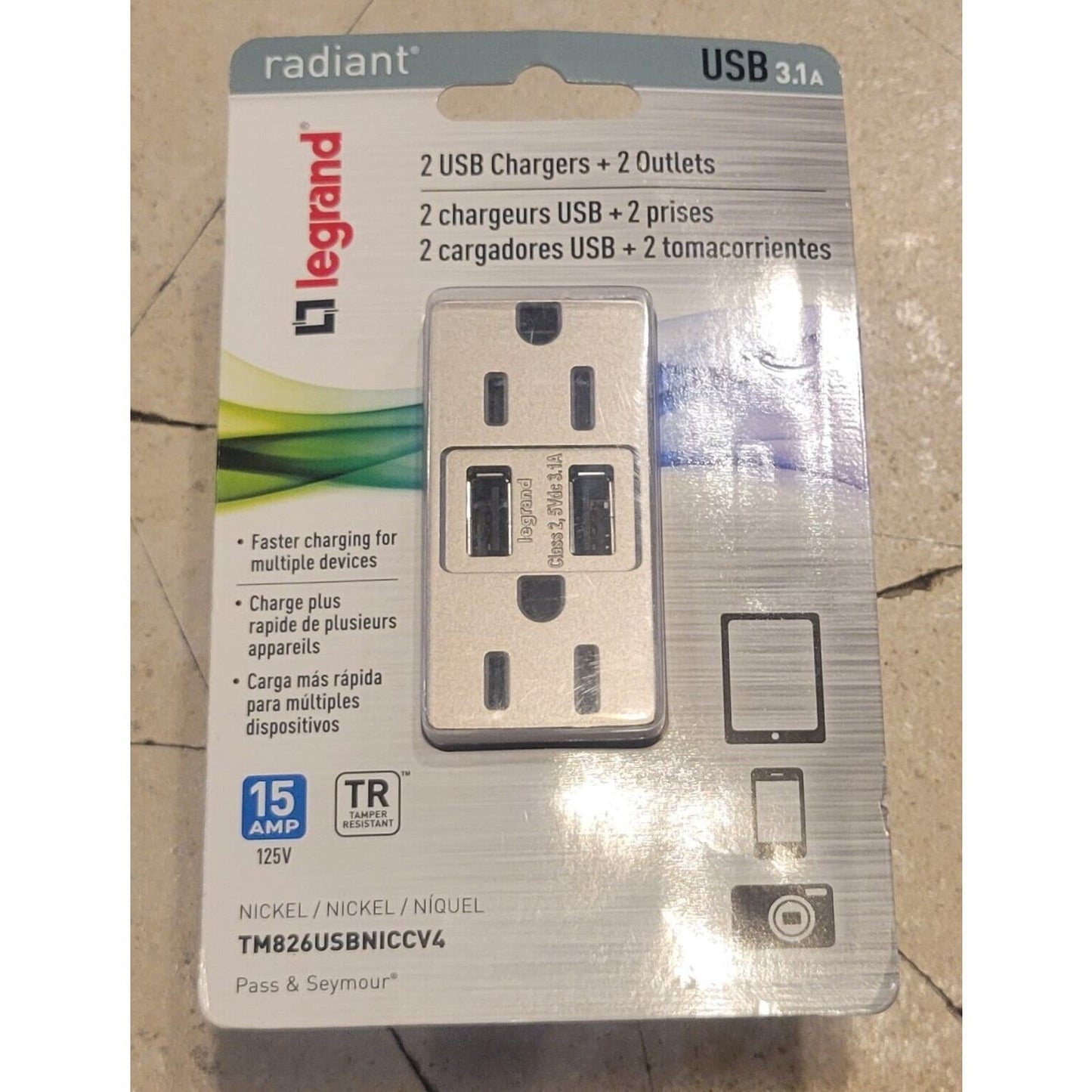 Legrand 15 Amp Outlet 3.1A Nickel 2 USB Chargers 2 Outlets TM826USBNICCV4