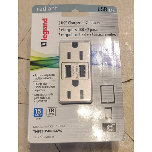 Legrand 15 Amp Outlet 3.1A Nickel 2 USB Chargers 2 Outlets TM826USBNICCV4